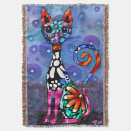 Whimsical Big-Eyed Funky Abstract Kitty Cat Deken