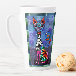 Whimsical Big-Eyed Funky Abstract Kitty Cat Latte Mok