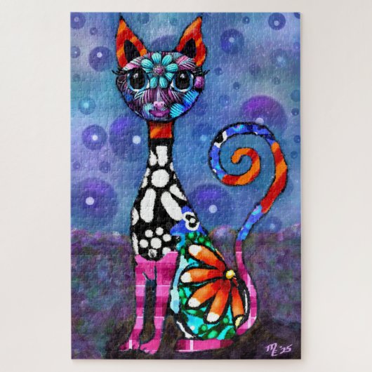 Whimsical Big-Eyed Funky Abstract Kitty Cat Legpuzzel (Verticaal)