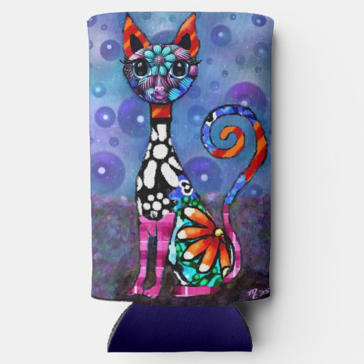 Whimsical Big-Eyed Funky Abstract Kitty Cat Seltzer Blikjeskoeler (Achterkant)