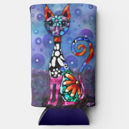 Whimsical Big-Eyed Funky Abstract Kitty Cat Seltzer Blikjeskoeler