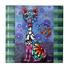 Whimsical Big-Eyed Funky Abstract Kitty Cat Tegeltje