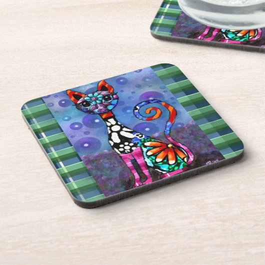 Whimsical Big-Eyed Funky Kitty Cat Abstract Bier Onderzetter (Linkerzijde)