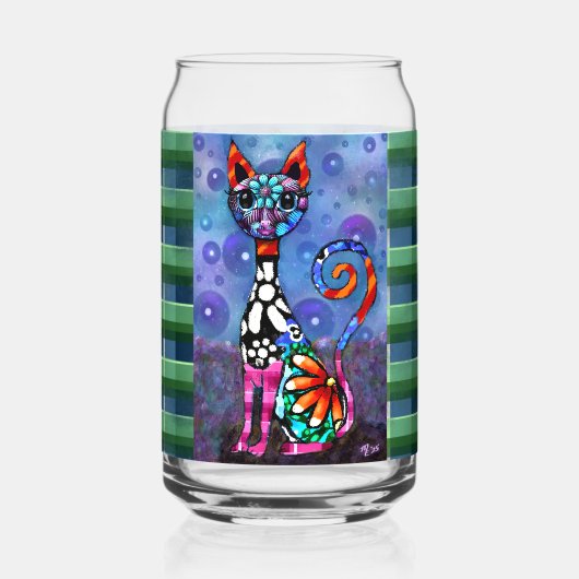 Whimsical Big-Eyed Funky Kitty Cat Abstract Blikvorm Glas (Achterkant)