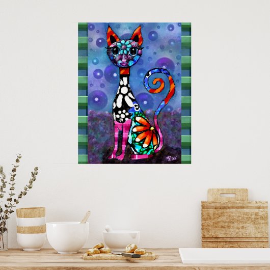 Whimsical Big-Eyed Funky Kitty Cat Abstract Poster (Keuken)