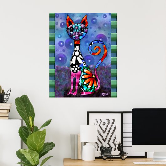 Whimsical Big-Eyed Funky Kitty Cat Abstract Poster (Thuiskantoor)