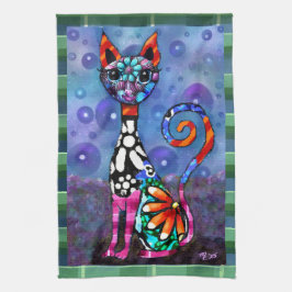 Whimsical Big-Eyed Funky Kitty Cat Abstract Theedoek