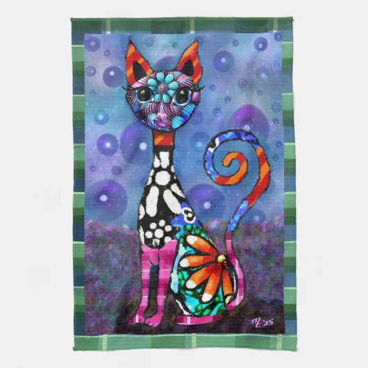 Whimsical Big-Eyed Funky Kitty Cat Abstract Theedoek (Verticaal)