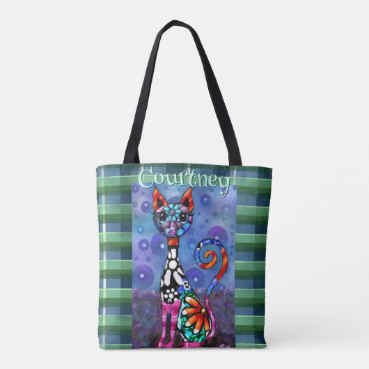Whimsical Big-Eyed Funky Kitty Cat Personalized Tote Bag (Achterkant)