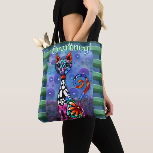 Whimsical Big-Eyed Funky Kitty Cat Personalized Tote Bag (Dichtbij)