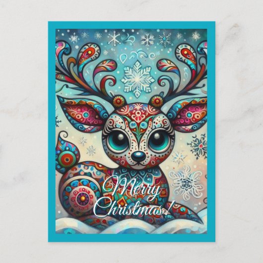 Whimsical Big Eyes Kerst Rendier Folk Art Briefkaart (Voorkant)