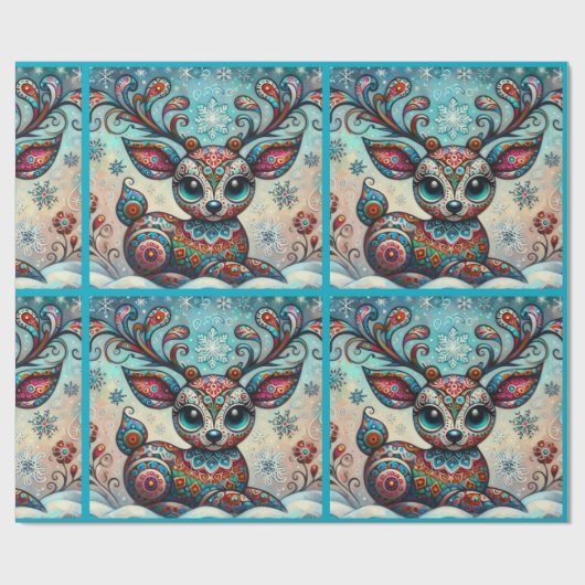 Whimsical Big Eyes Kerst Rendier Folk Art Cadeaupapier (Vlak)