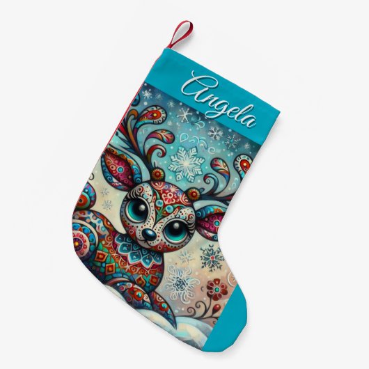 Whimsical Big Eyes Kerst Rendier Folk Art Kleine Kerstsok (Voorkant (Hangend))