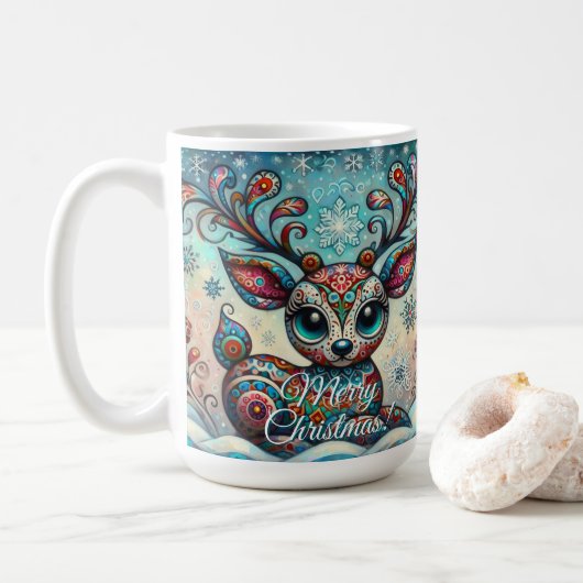 Whimsical Big Eyes Kerst Rendier Folk Art Koffiemok (Met donut)