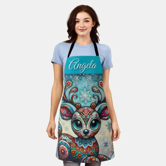 Whimsical Big Eyes Kerst Rendier Folk Art Schort (Gedragen)