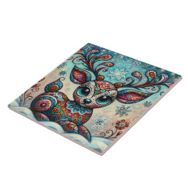Whimsical Big Eyes Kerst Rendier Folk Art Tegeltje