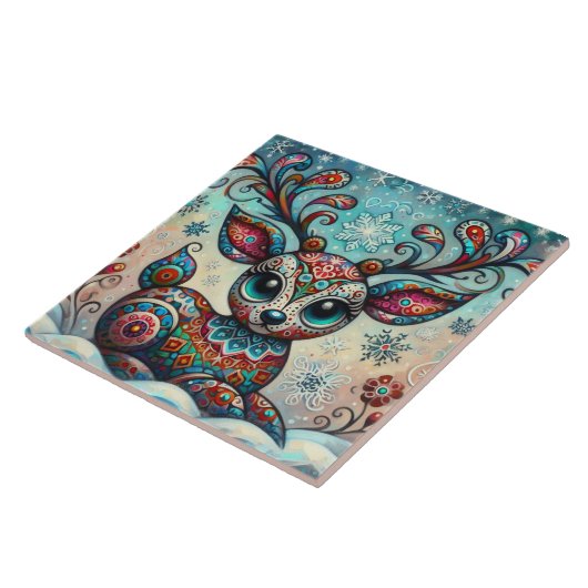 Whimsical Big Eyes Kerst Rendier Folk Art Tegeltje (Zijkant)