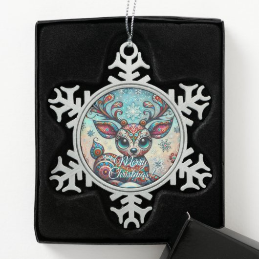 Whimsical Big Eyes Kerst Rendier Folk Art Tin Sneeuwvlok Ornament (Kistje)