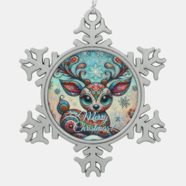 Whimsical Big Eyes Kerst Rendier Folk Art Tin Sneeuwvlok Ornament