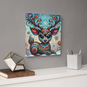 Whimsical Big Eyes Kerst Rendier Folk Art Vierkante Klok