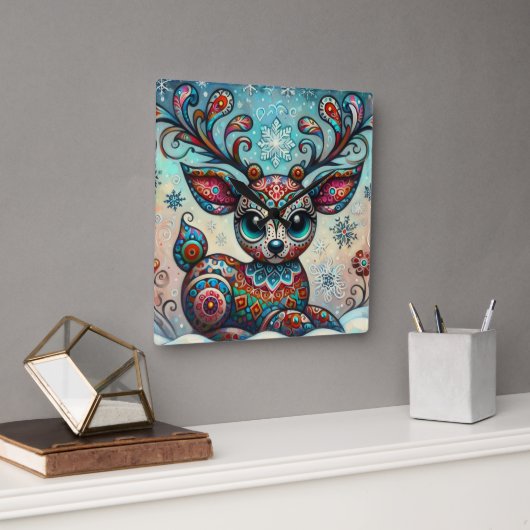 Whimsical Big Eyes Kerst Rendier Folk Art Vierkante Klok (Kantoor)