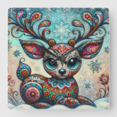 Whimsical Big Eyes Kerst Rendier Folk Art Vierkante Klok (Voorkant)