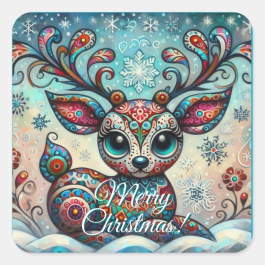Whimsical Big Eyes Kerst Rendier Folk Art Vierkante Sticker (Voorkant)