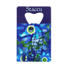 Whimsical Big-Eyes Seahorse Art Blue Personalized Creditkaart Flessenopener