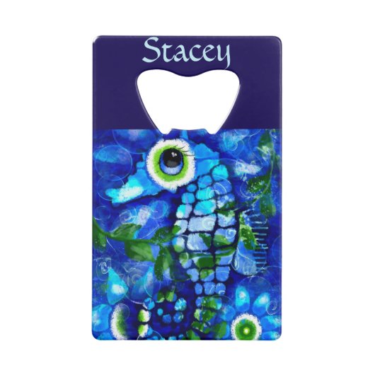 Whimsical Big-Eyes Seahorse Art Blue Personalized Creditkaart Flessenopener (Voorkant)