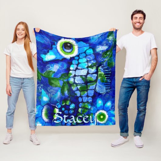 Whimsical Big-Eyes Seahorse Art Blue Personalized Fleece Deken (In situ)