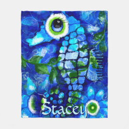 Whimsical Big-Eyes Seahorse Art Blue Personalized Fleece Deken