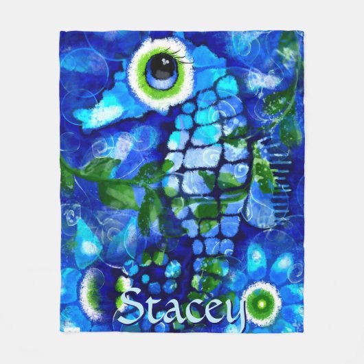 Whimsical Big-Eyes Seahorse Art Blue Personalized Fleece Deken (Voorkant)