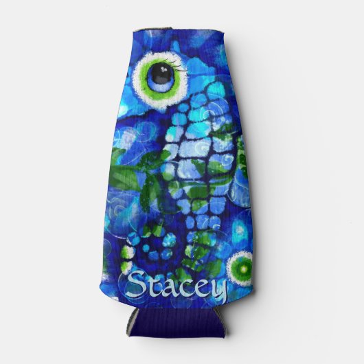 Whimsical Big-Eyes Seahorse Art Blue Personalized Flesjeskoeler (Voorkant)