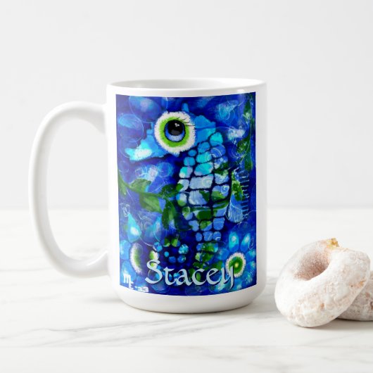 Whimsical Big-Eyes Seahorse Art Blue Personalized Koffiemok (Met donut)