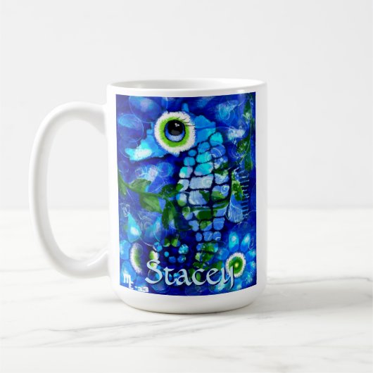 Whimsical Big-Eyes Seahorse Art Blue Personalized Koffiemok (Links)