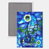 Whimsical Big-Eyes Seahorse Art Blue Personalized Magneet (Voorkant / Achterkant)