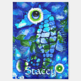 Whimsical Big-Eyes Seahorse Art Blue Personalized Magneet