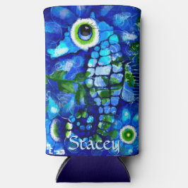 Whimsical Big-Eyes Seahorse Art Blue Personalized Seltzer Blikjeskoeler