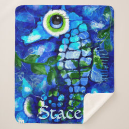 Whimsical Big-Eyes Seahorse Art Blue Personalized Sherpa Deken