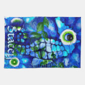 Whimsical Big-Eyes Seahorse Art Blue Personalized Theedoek (Horizontaal)