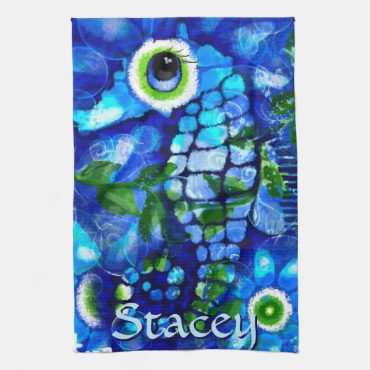 Whimsical Big-Eyes Seahorse Art Blue Personalized Theedoek (Verticaal)