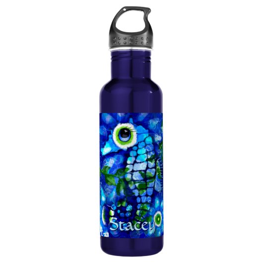 Whimsical Big-Eyes Seahorse Art Blue Personalized Waterfles (Voorkant)