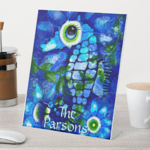 Whimsical Big-Eyes zeepaardkunst blauw gepersonali Reclamebord Met Voetstuk