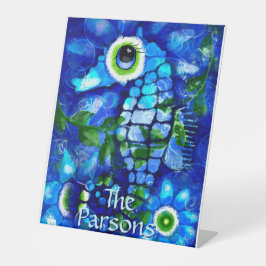 Whimsical Big-Eyes zeepaardkunst blauw gepersonali Reclamebord Met Voetstuk