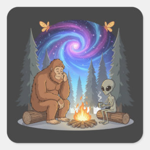 Whimsical Bigfoot en Alien Kampvuur Galaxy Vierkante Sticker