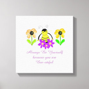 Whimsical Bij met Bloemen en Spreuk Canvas Afdruk