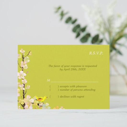 Whimsical Bird Apple Green Wedding RSVP (Staand voorkant)