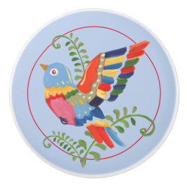Whimsical Bird Colorful Folk Rustic Retro Blue Keramische Knop