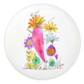 Whimsical Bird Flowers en Heart Door Knob Keramische Knop (Voorkant)