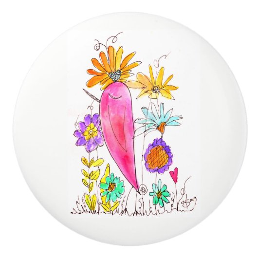 Whimsical Bird Flowers en Heart Door Knob Keramische Knop (Voorkant)